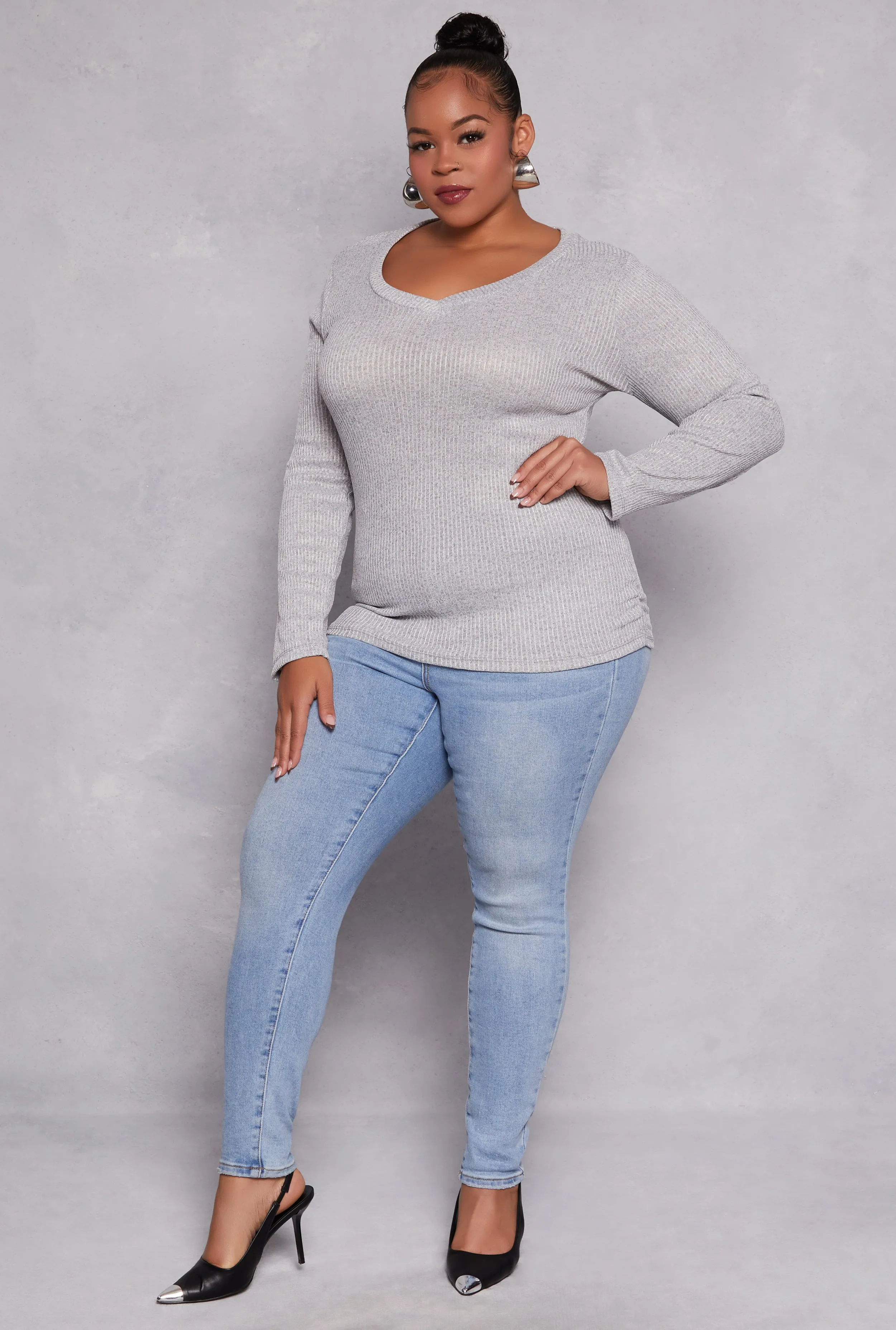 Plus Size Rib Knit Ruched Side V Neck Top sold by Rainbow product image thumbnail 2