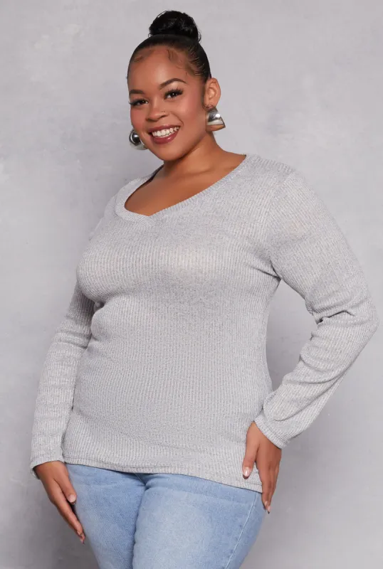 Plus Size Rib Knit Ruched Side V Neck Top sold by Rainbow