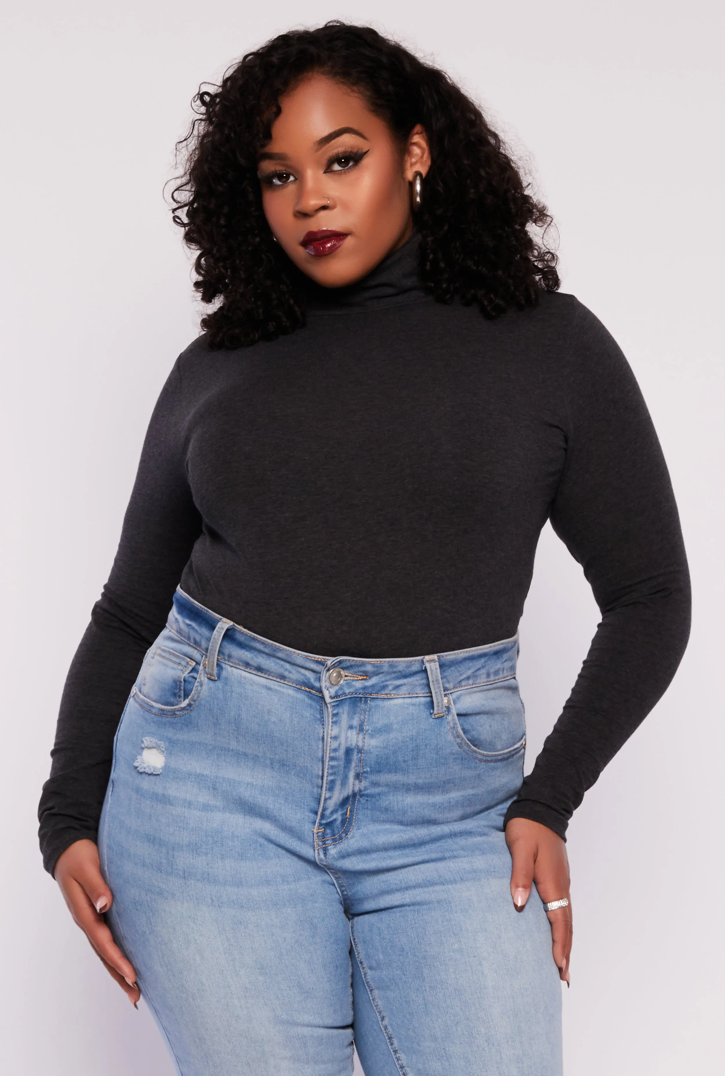 Plus Size Ruched Mock Neck T Shirt sold by Rainbow