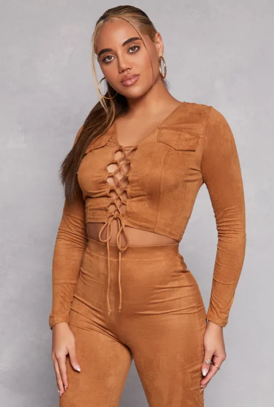 Faux Suede Pintuck Lace Up Crop Top sold by Rainbow