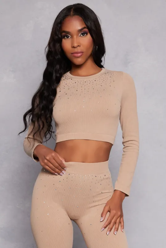 Seamless Rhinestone Ribbed Knit Crop Top sold by Rainbow