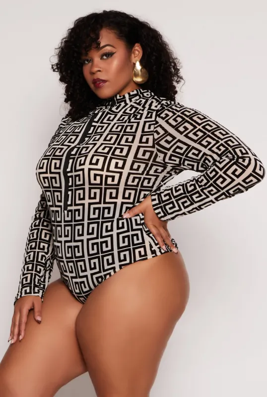 Plus Size Geometric Print Half Zip Bodysuit sold by Rainbow