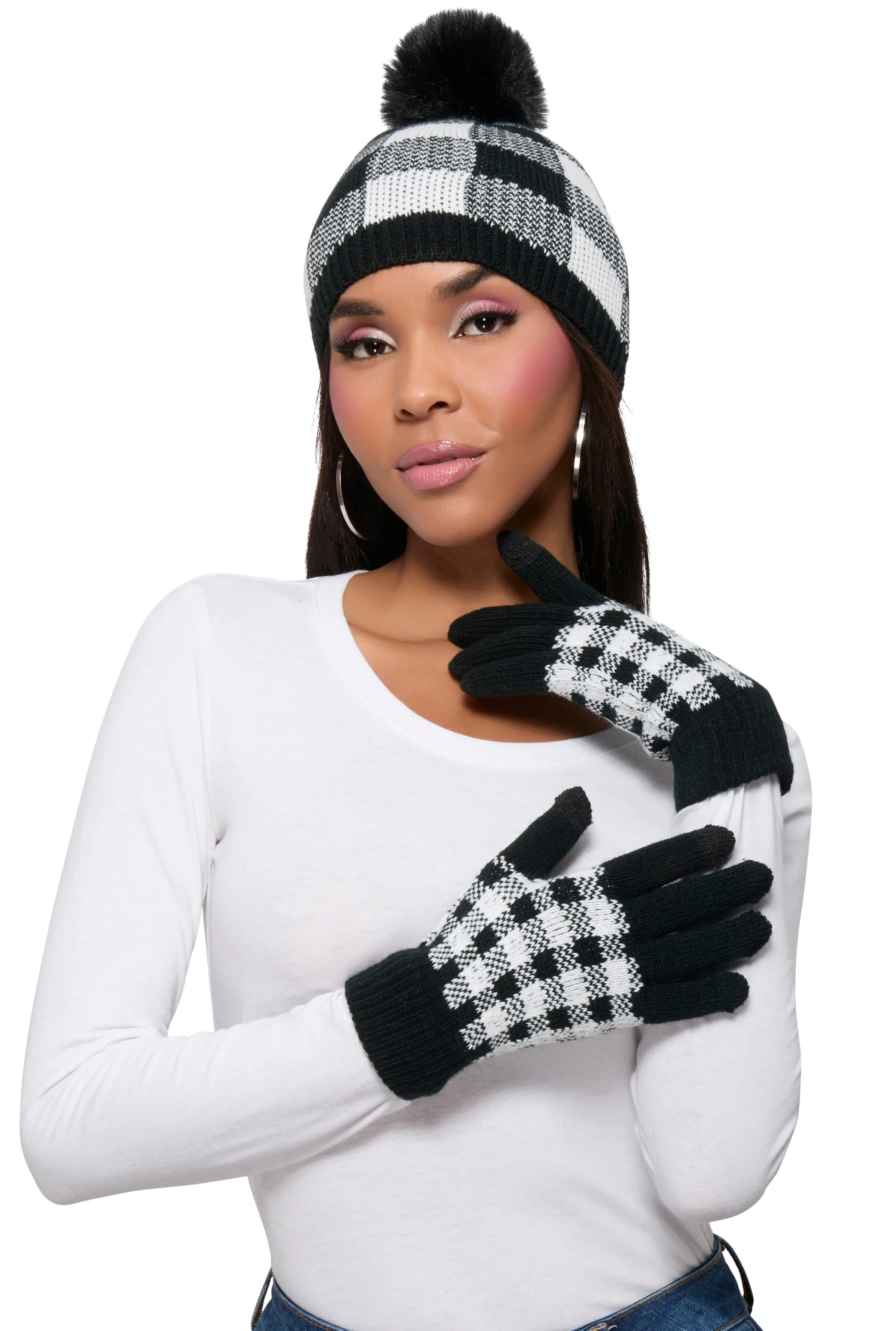 Buffalo Plaid Pom Pom Beanie and Gloves Set sold by Rainbow