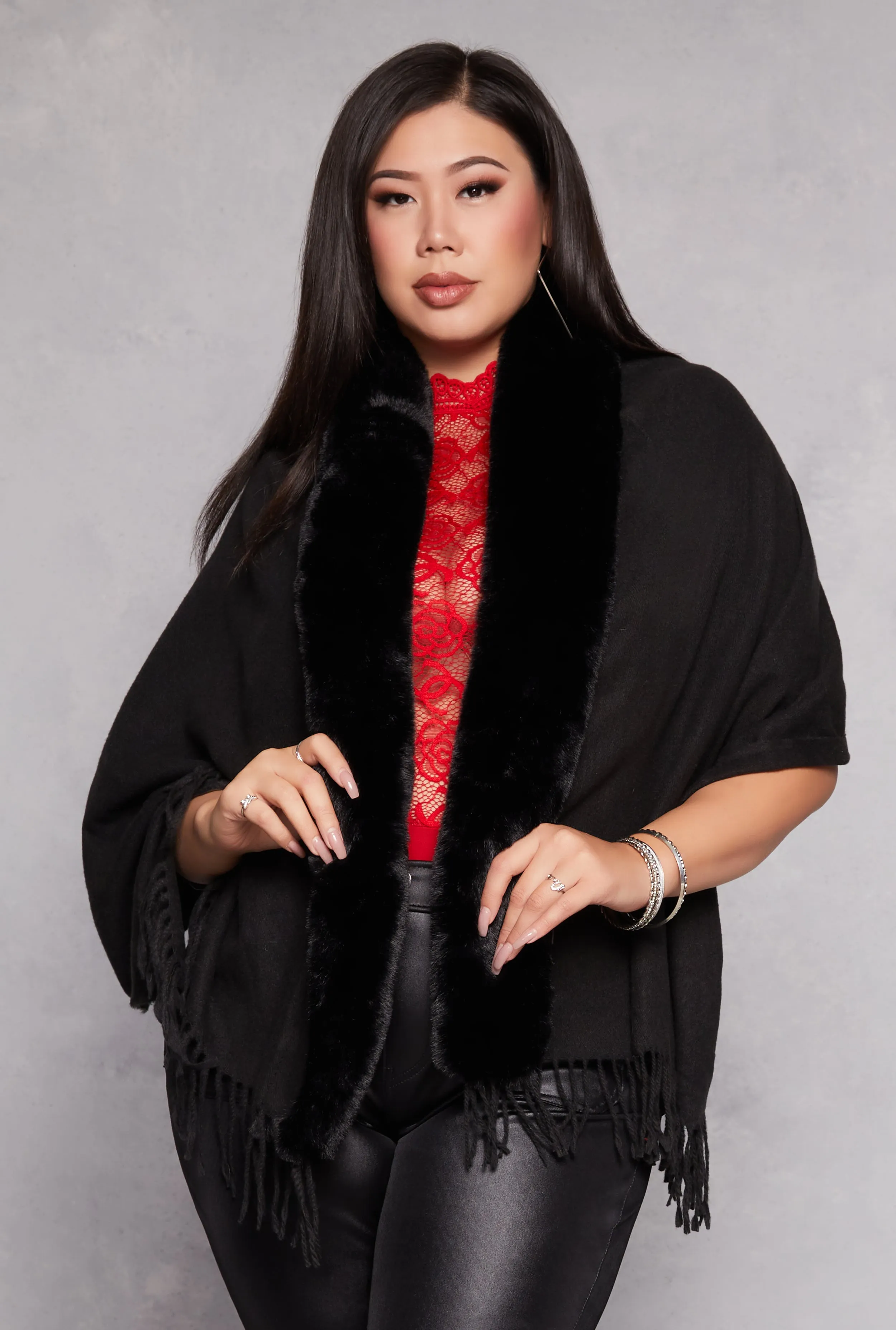 Faux Fur Collar Fringe Ruana sold by Rainbow product image thumbnail 5