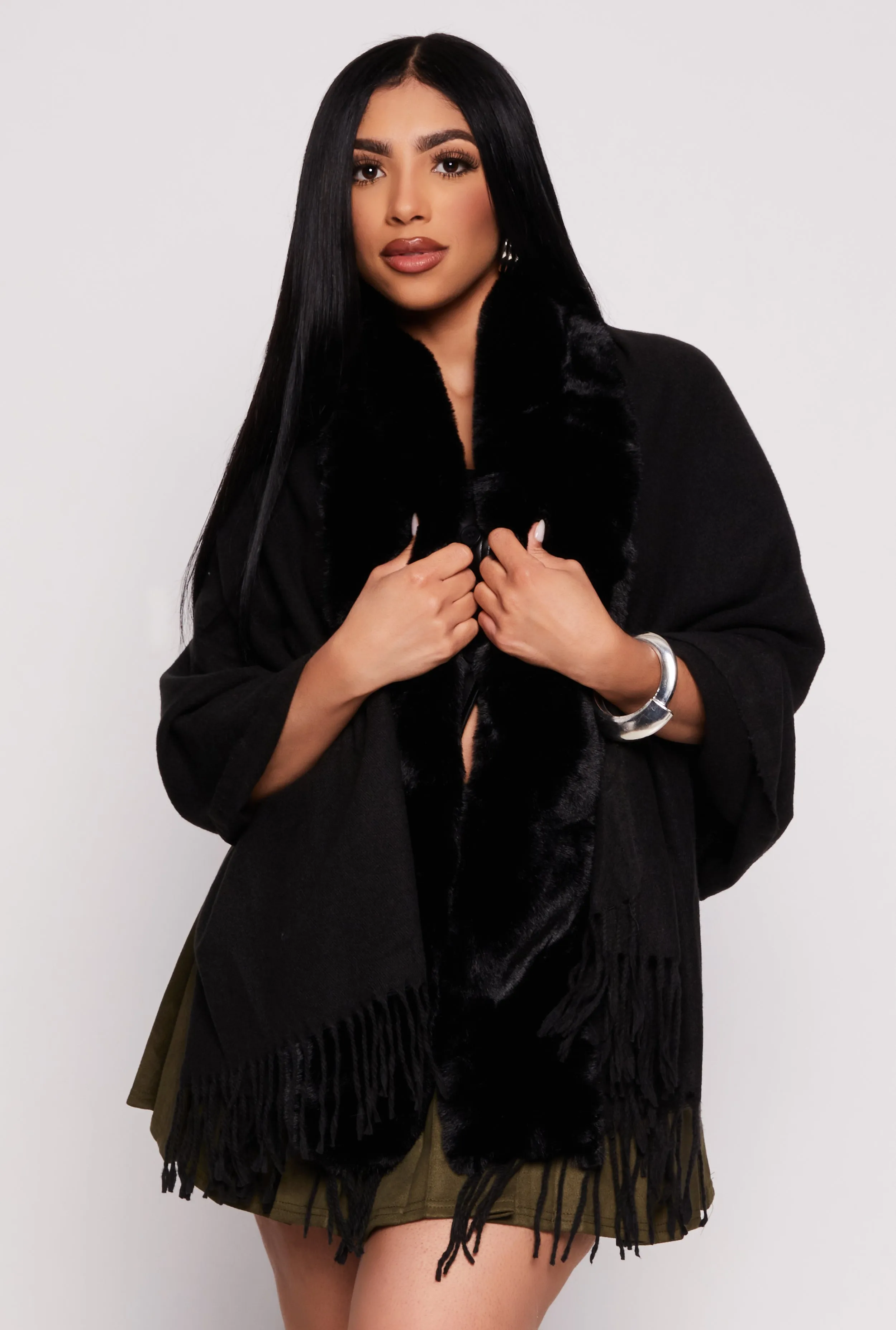 Faux Fur Collar Fringe Ruana sold by Rainbow