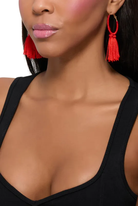 Threaded Tassel Hoop Earrings sold by Rainbow
