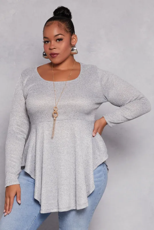 Plus Size Ribbed Knit Peplum Top with Necklace sold by Rainbow