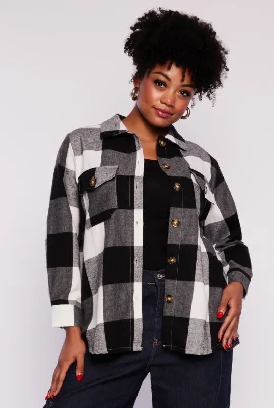 Plus Size Plaid Flannel Button Front Shacket sold by Rainbow