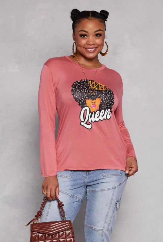 Plus Size Queen Graphic Long Sleeve Top with Necklace sold by Rainbow