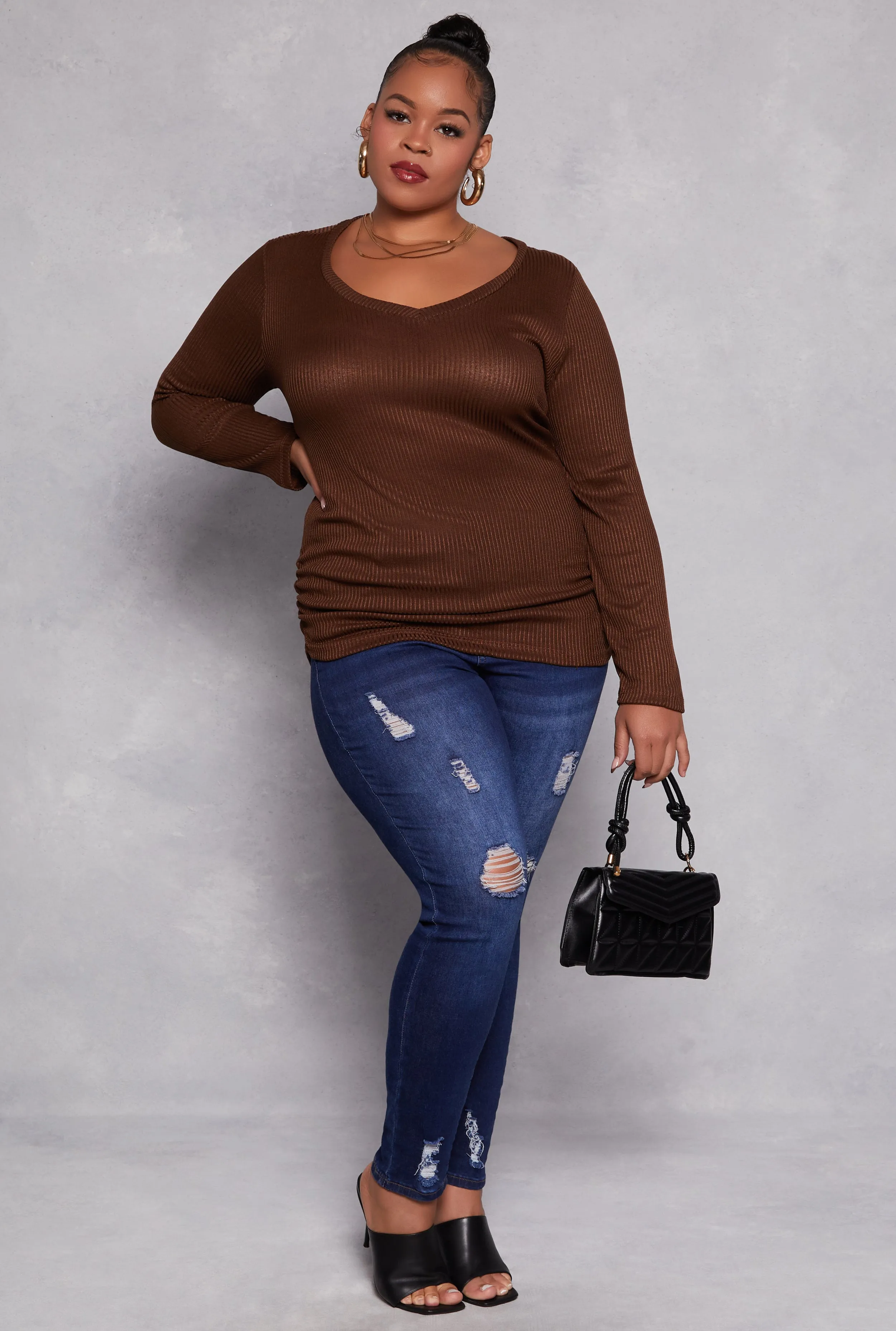Plus Size Rib Knit Ruched Side V Neck Top sold by Rainbow product image thumbnail 2