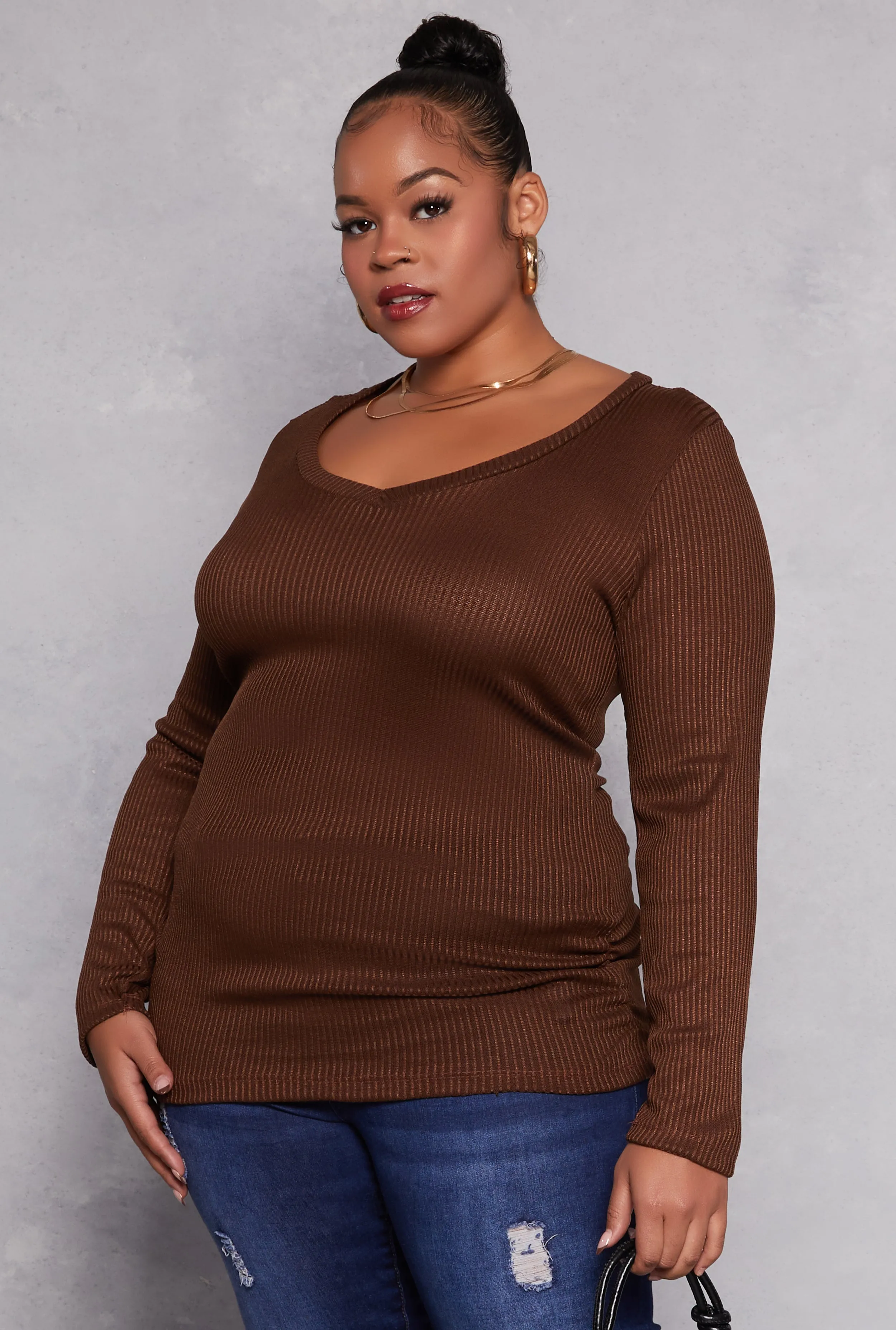 Plus Size Rib Knit Ruched Side V Neck Top sold by Rainbow