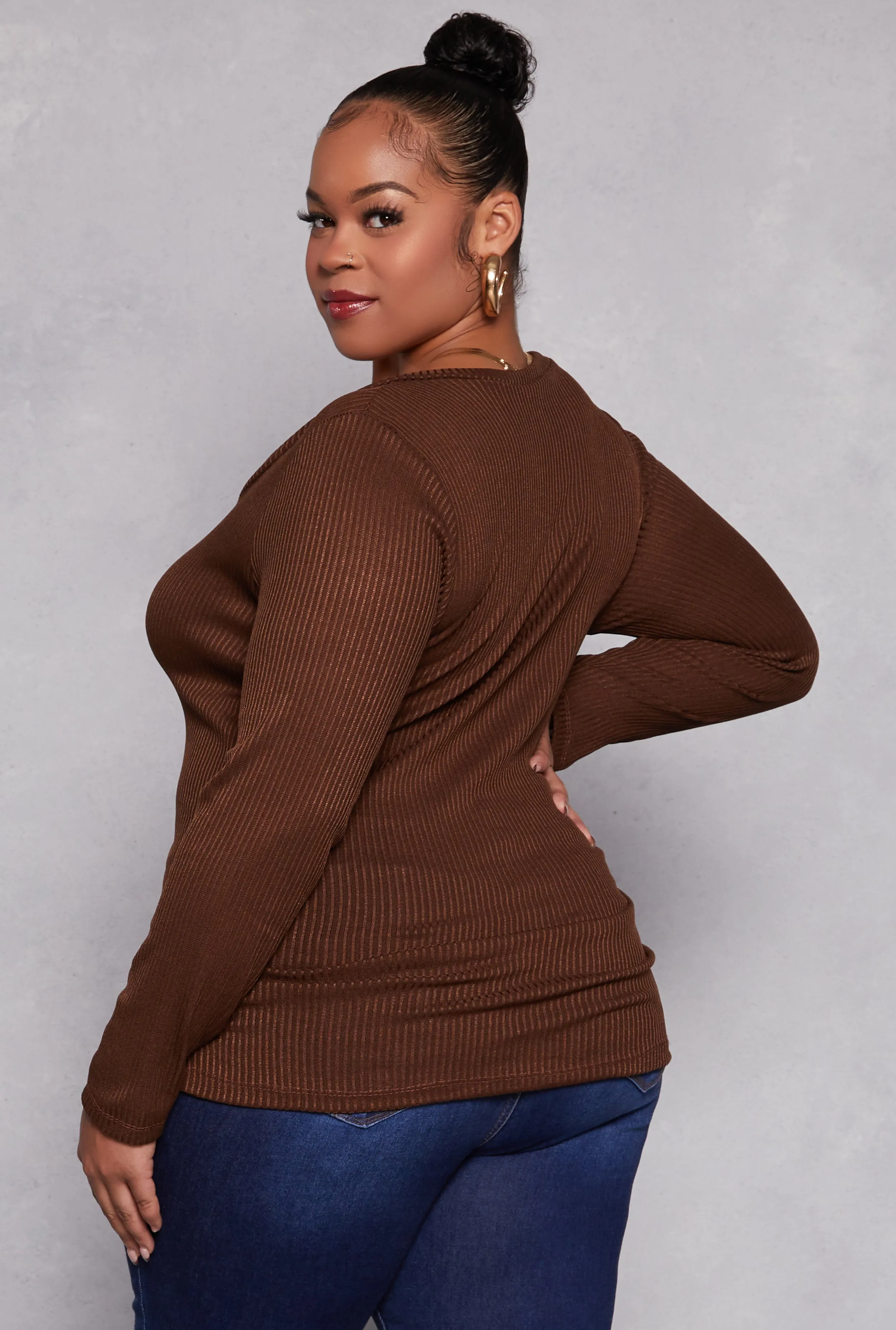 Plus Size Rib Knit Ruched Side V Neck Top sold by Rainbow product image thumbnail 3