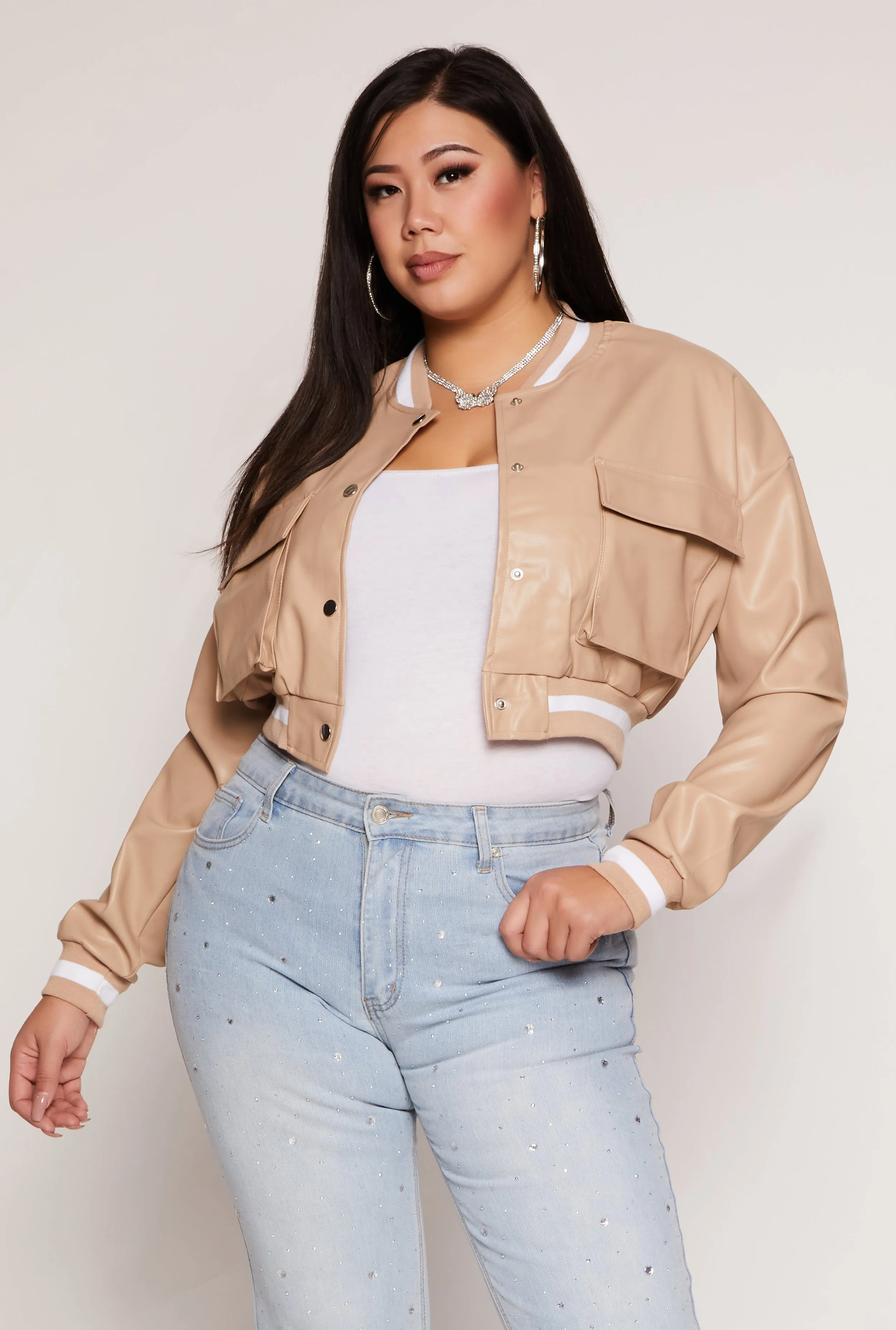 Plus Size Faux Leather Cargo Cropped Bomber Jacket sold by Rainbow