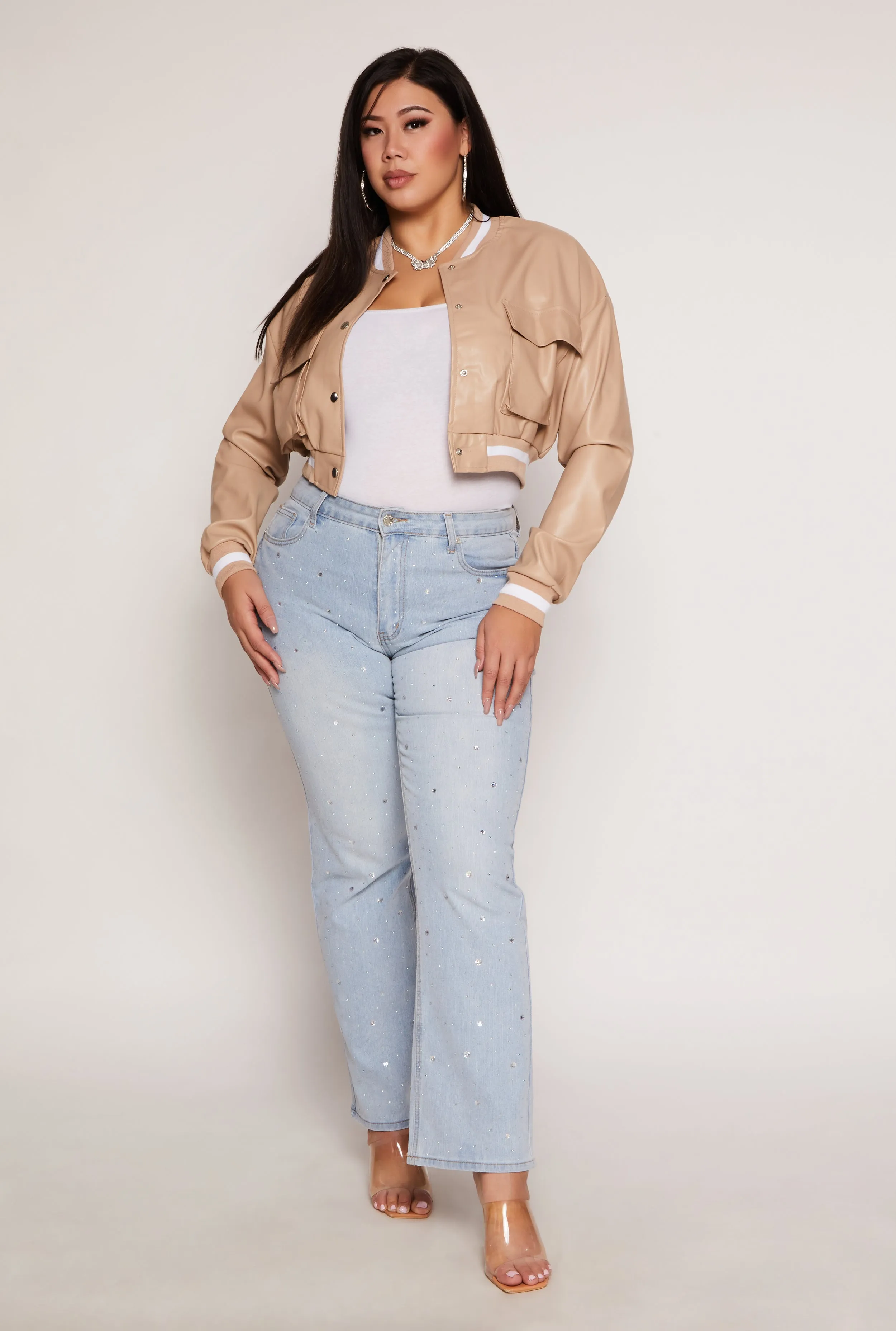 Plus Size Faux Leather Cargo Cropped Bomber Jacket sold by Rainbow product image thumbnail 2