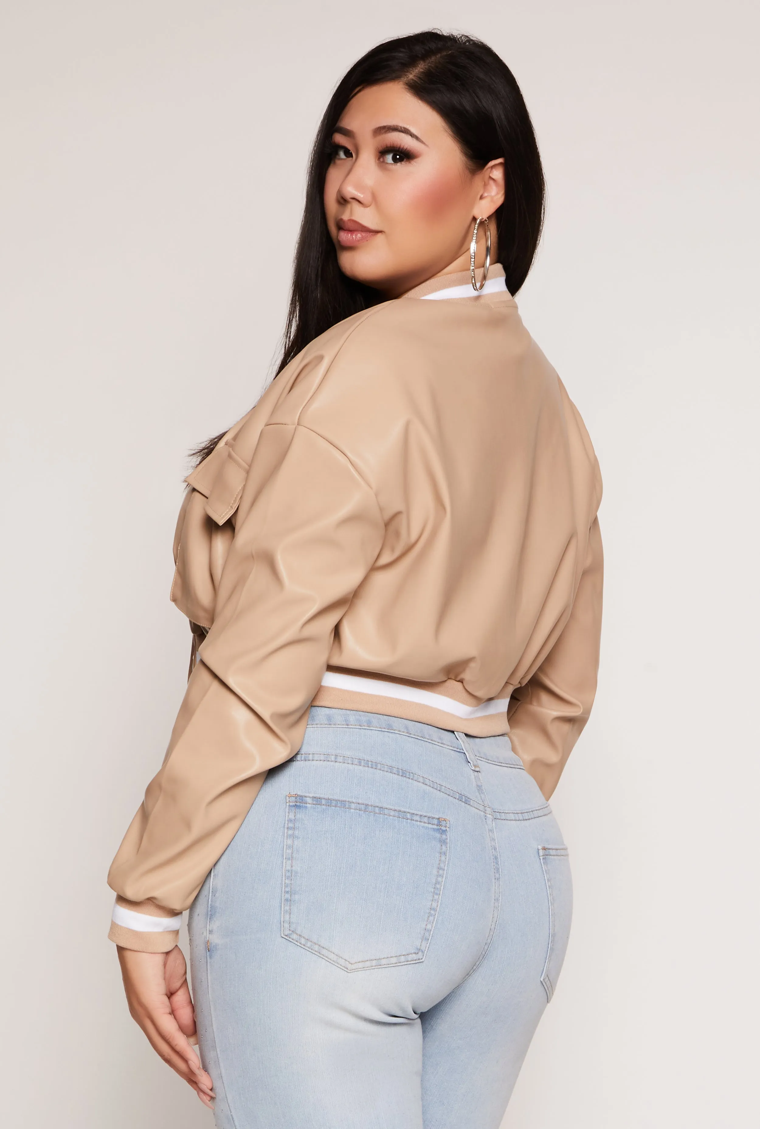 Plus Size Faux Leather Cargo Cropped Bomber Jacket sold by Rainbow product image thumbnail 3