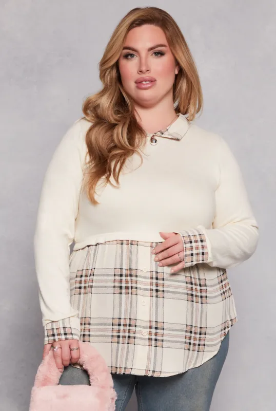 Plus Size Plaid Hem Sweater Blouse sold by Rainbow