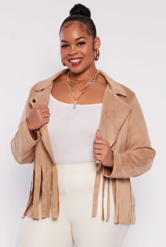 Plus Size Faux Suede Fringe Hem Moto Jacket sold by Rainbow