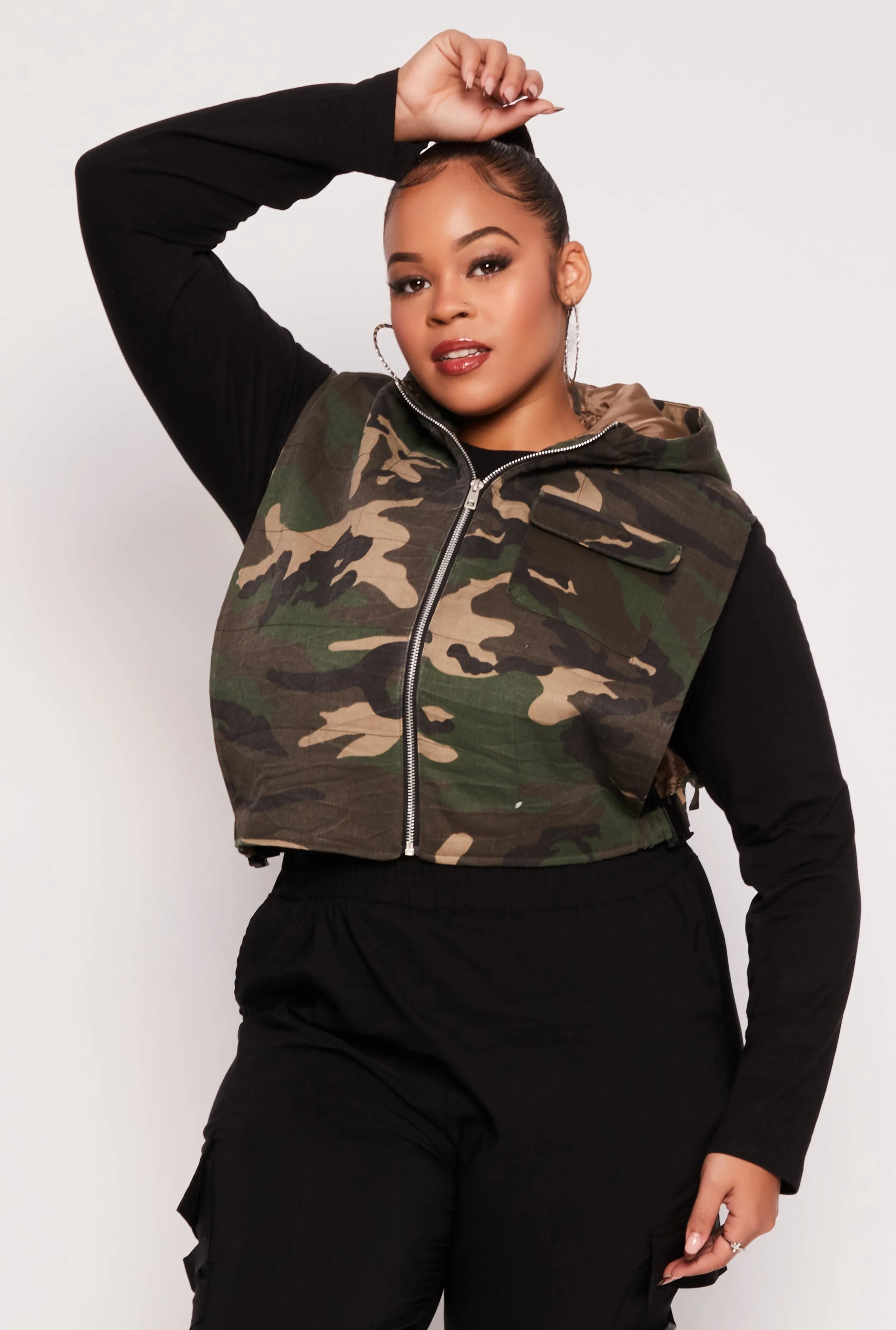 Plus Size Camo Zip Front Cropped Vest sold by Rainbow
