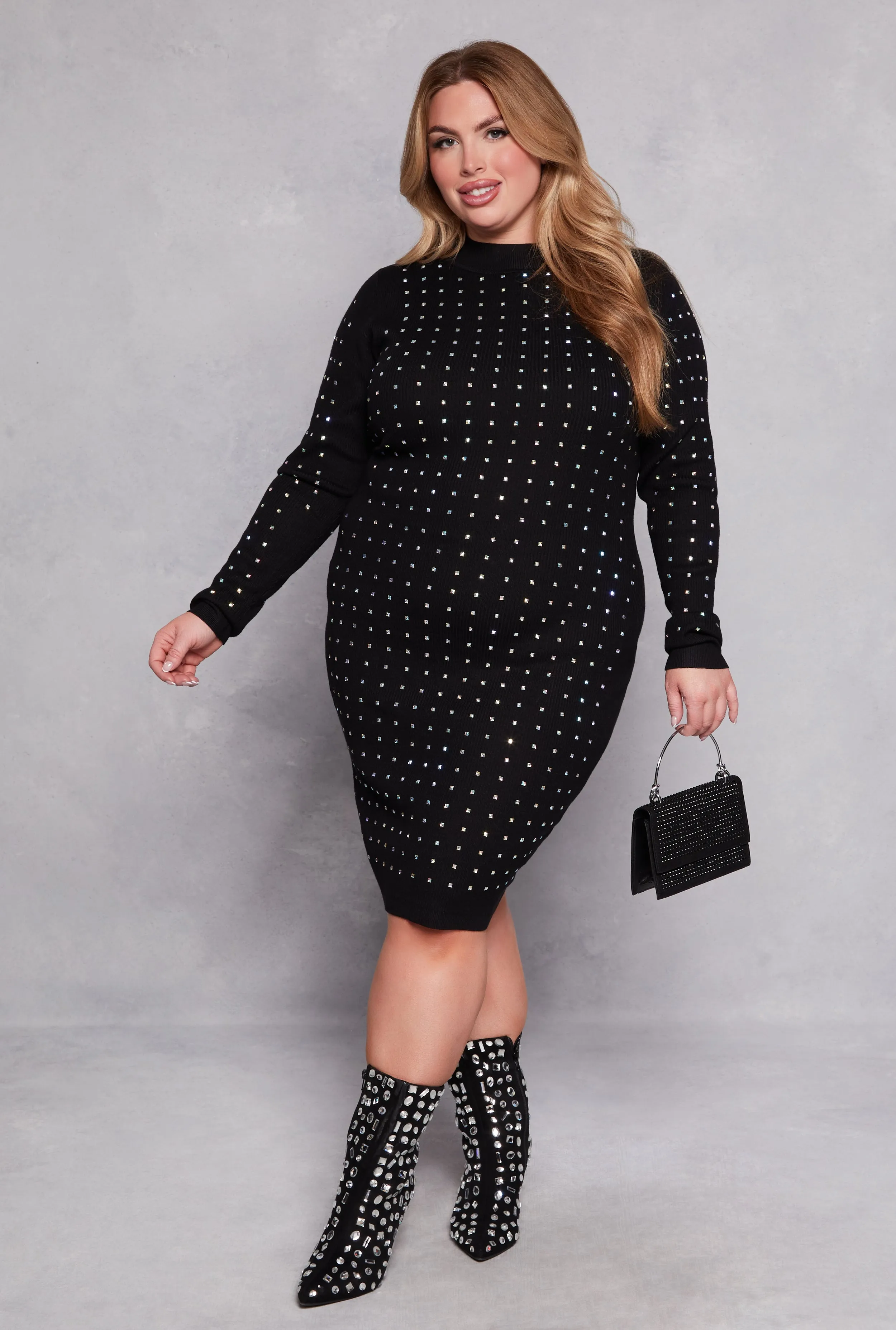 Plus Size Almost Famous Rhinestone Sweater Dress sold by Rainbow