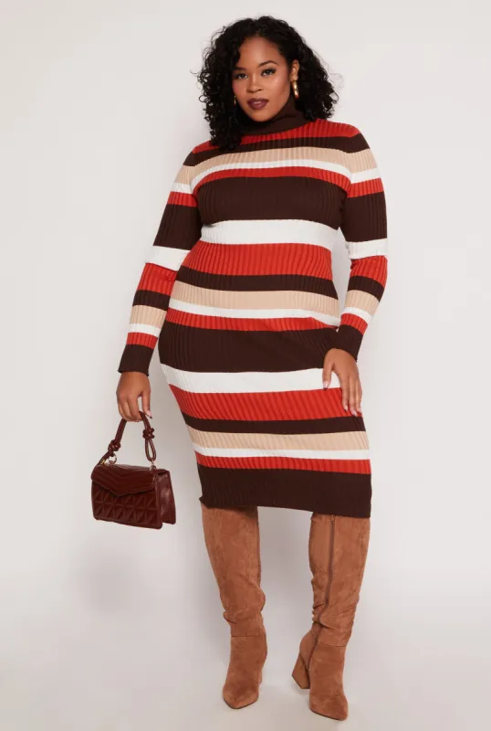 Plus Size Almost Famous Striped Turtleneck Sweater Dress sold by Rainbow