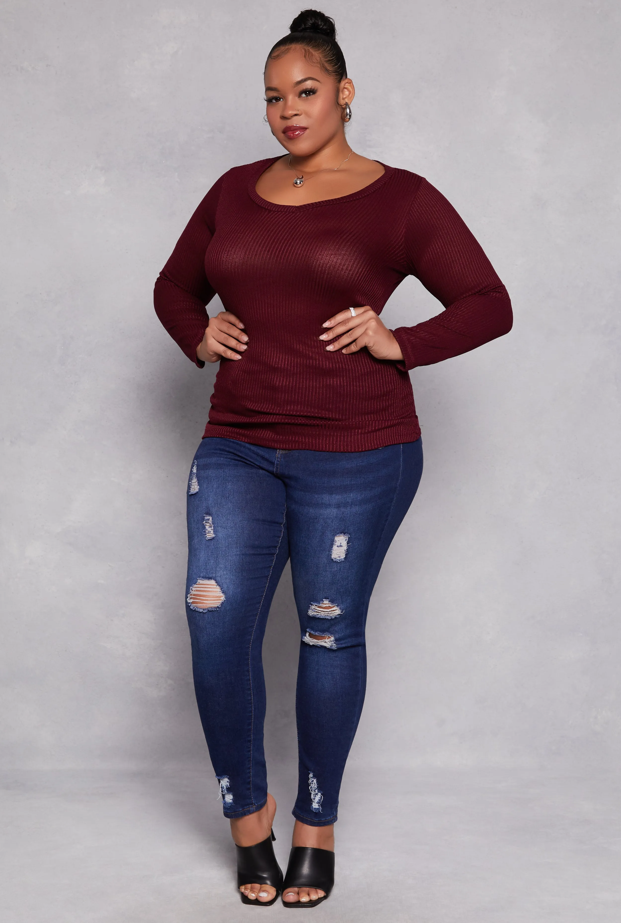 Plus Size Rib Knit Ruched Side V Neck Top sold by Rainbow product image thumbnail 2