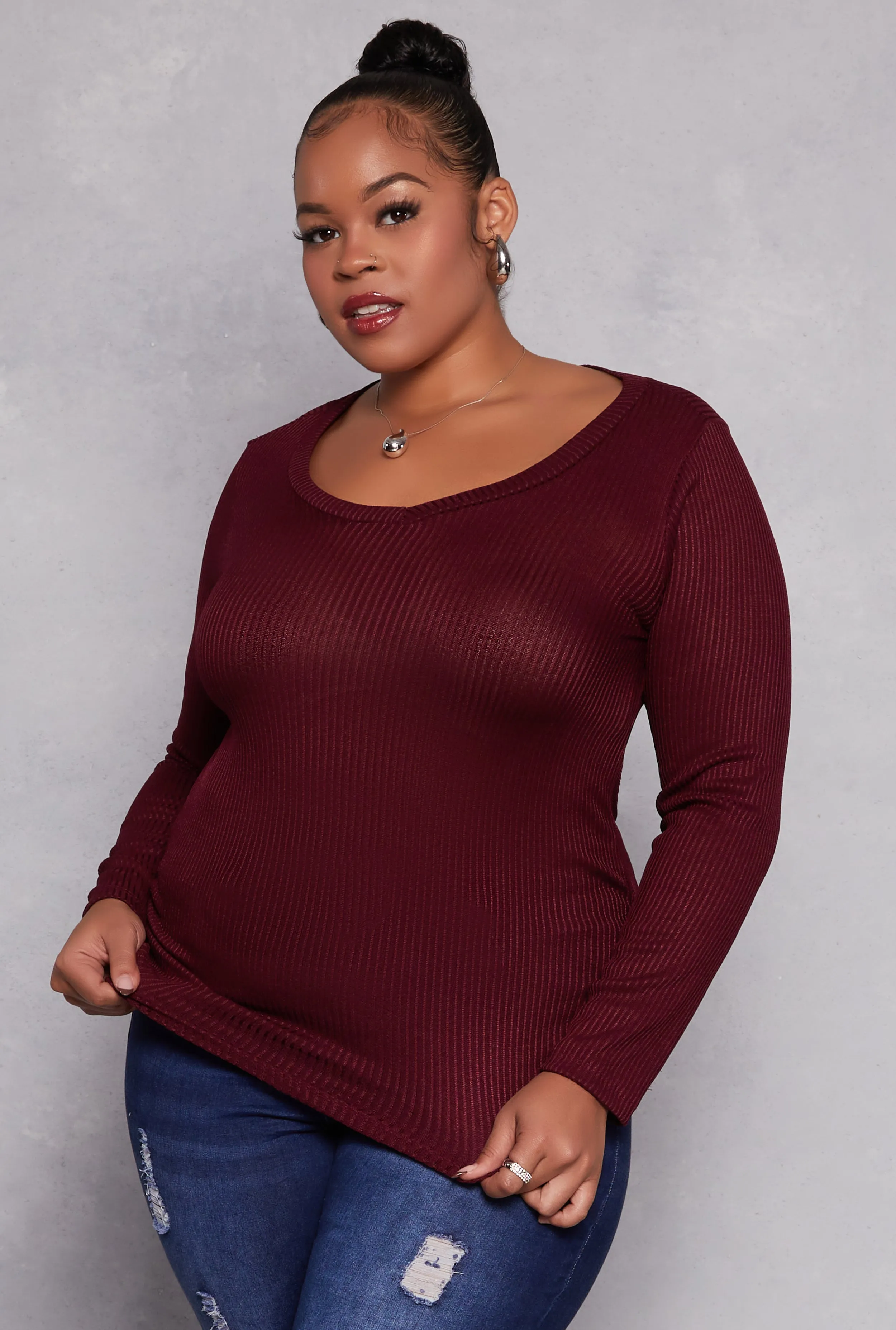 Plus Size Rib Knit Ruched Side V Neck Top sold by Rainbow