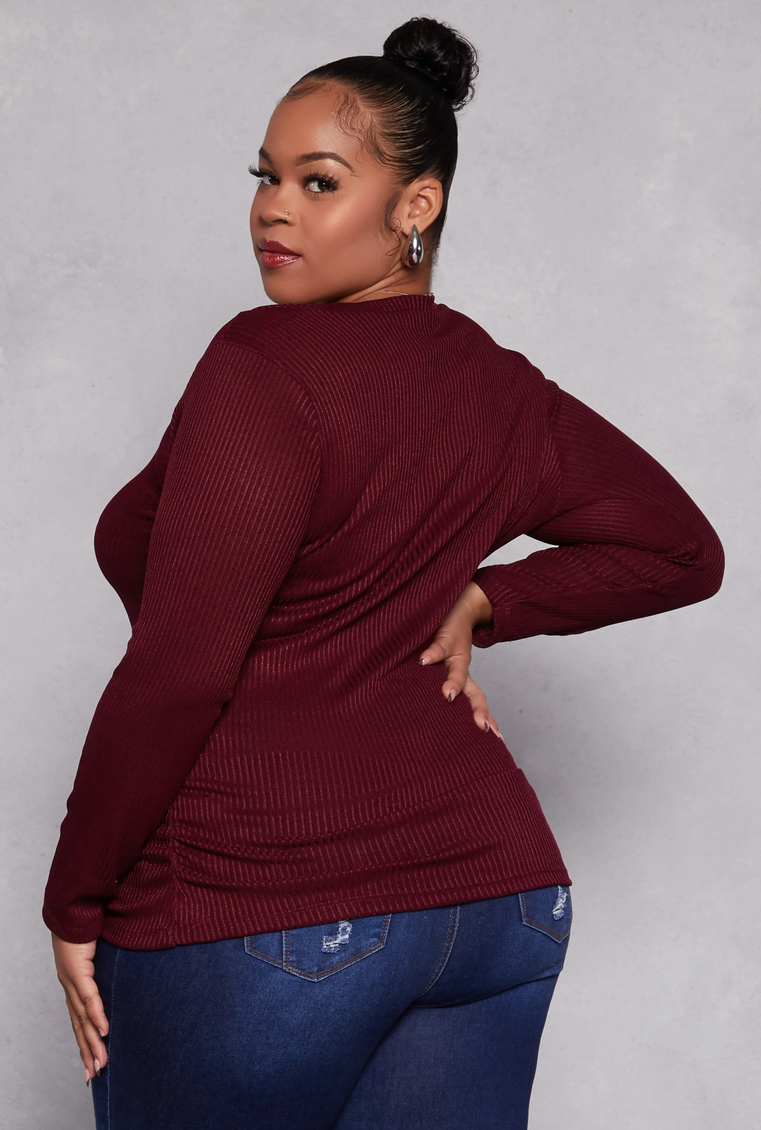 Plus Size Rib Knit Ruched Side V Neck Top sold by Rainbow product image thumbnail 3