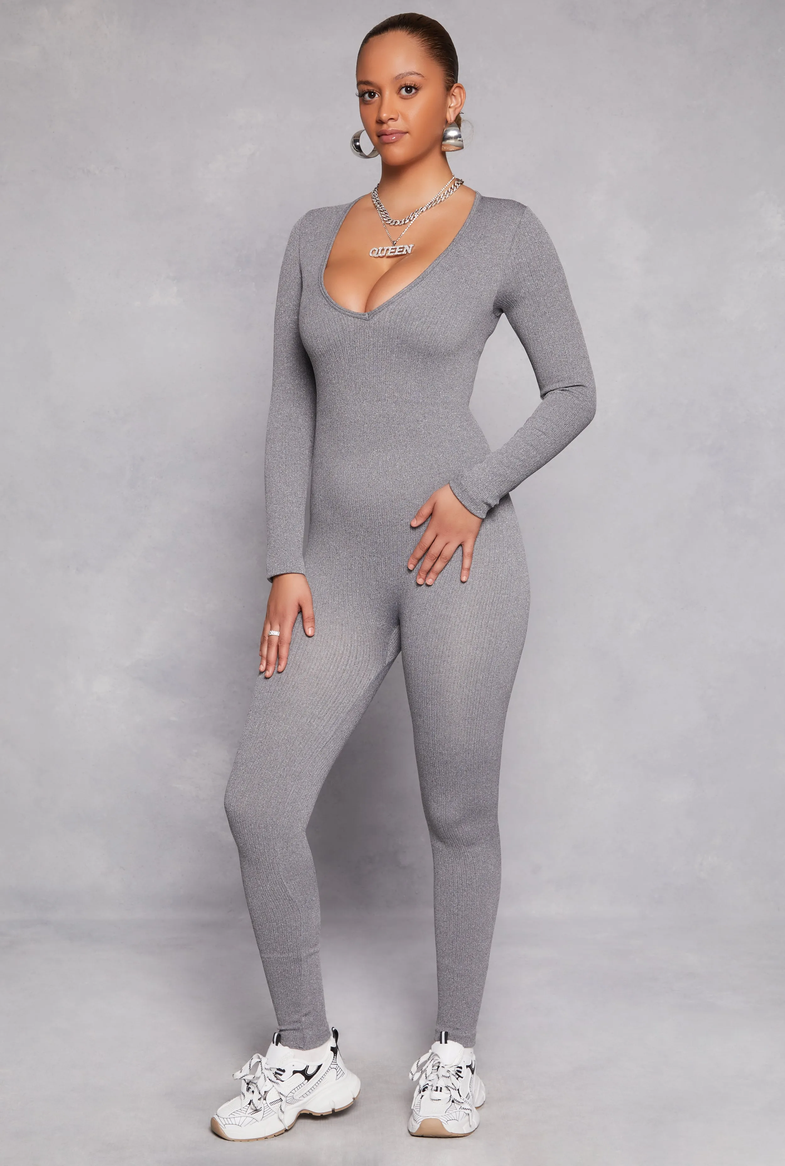 Seamless Rib Knit Plunge Long Sleeve Catsuit sold by Rainbow product image thumbnail 2