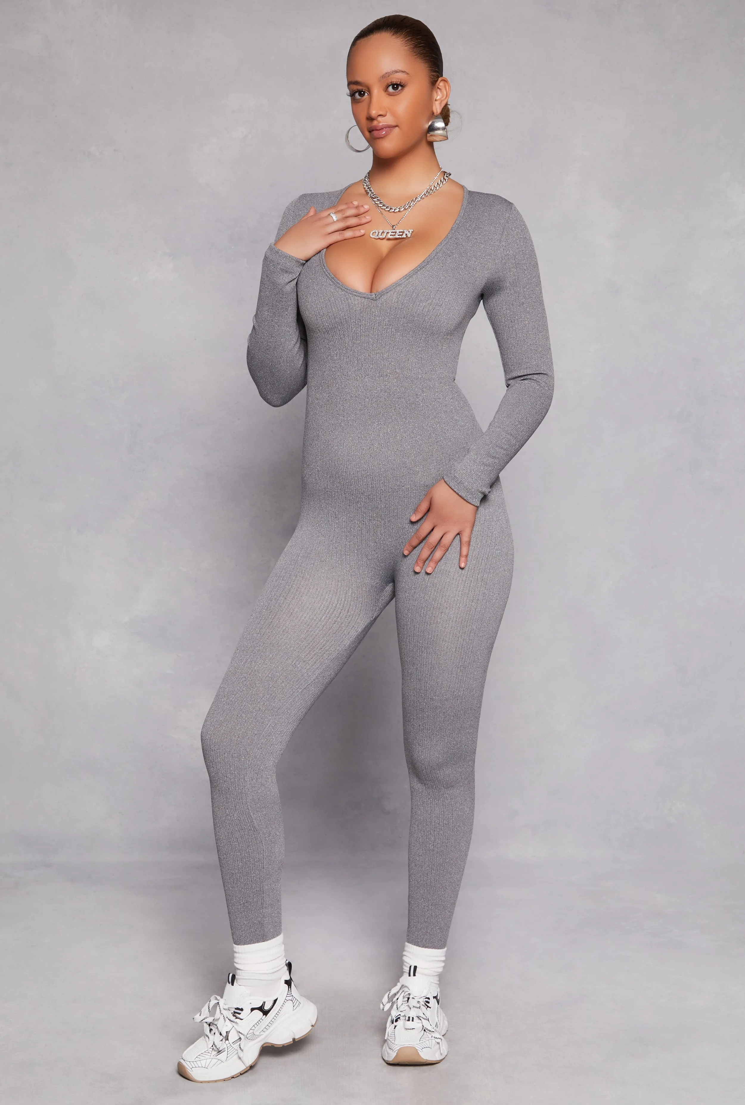 Seamless Rib Knit Plunge Long Sleeve Catsuit sold by Rainbow