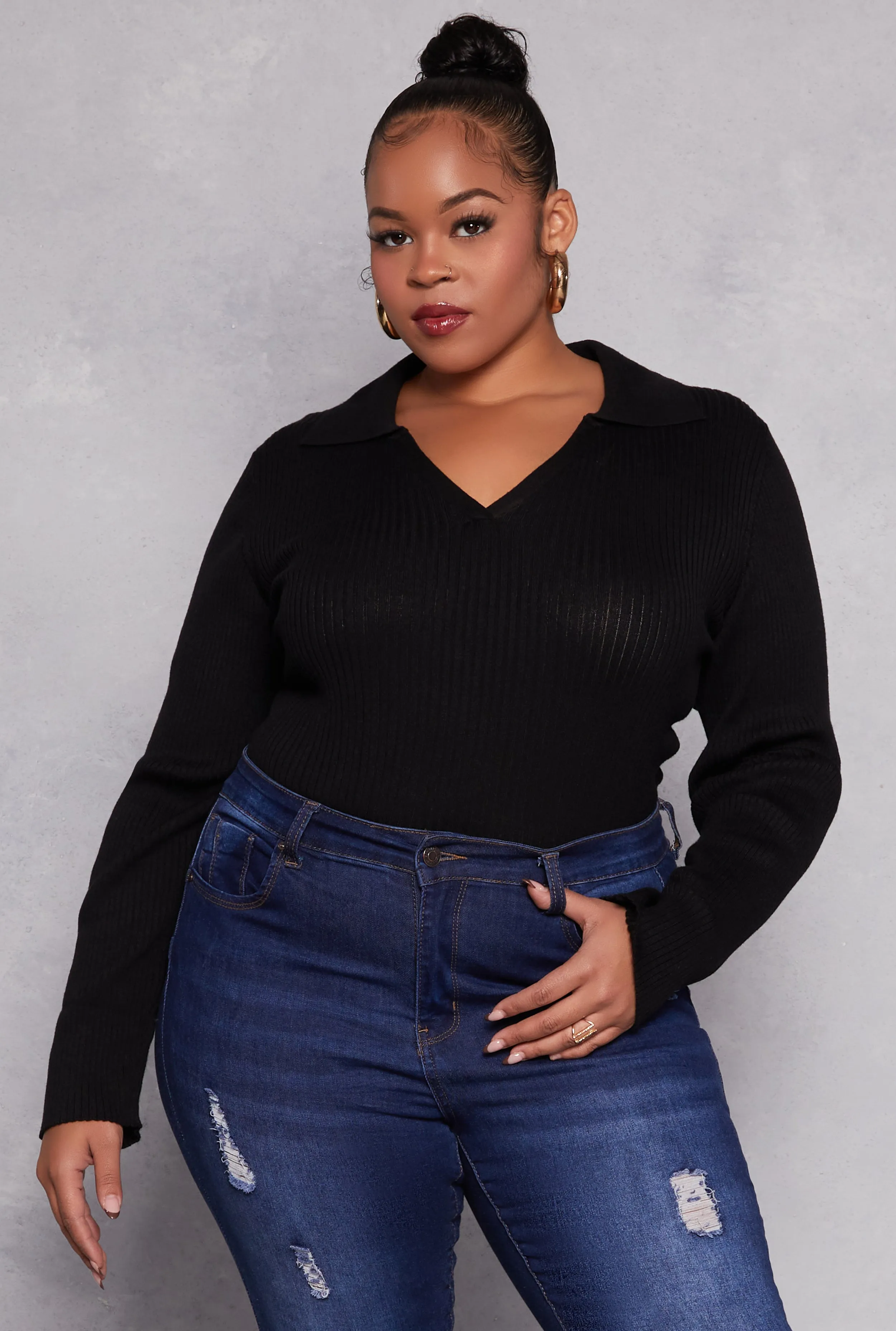 Plus Size Johnny Collar Long Sleeve Sweater sold by Rainbow