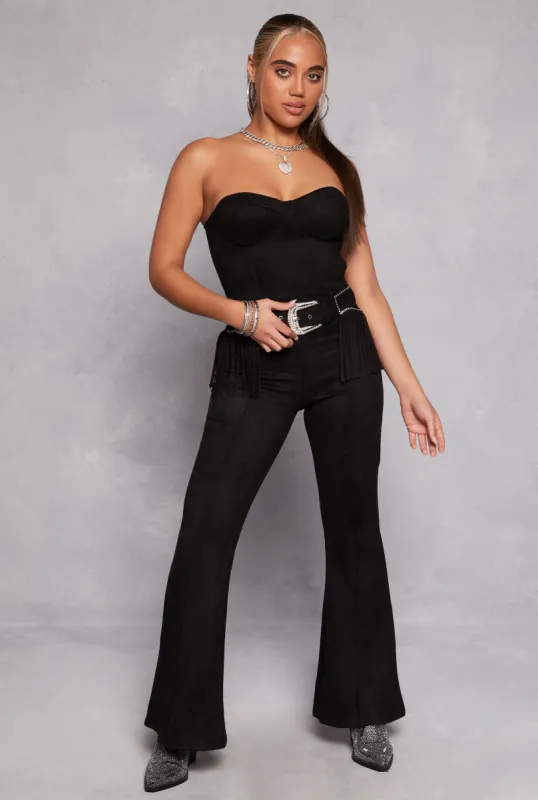 Faux Suede Western Buckle Fringe Bustier Jumpsuit sold by Rainbow