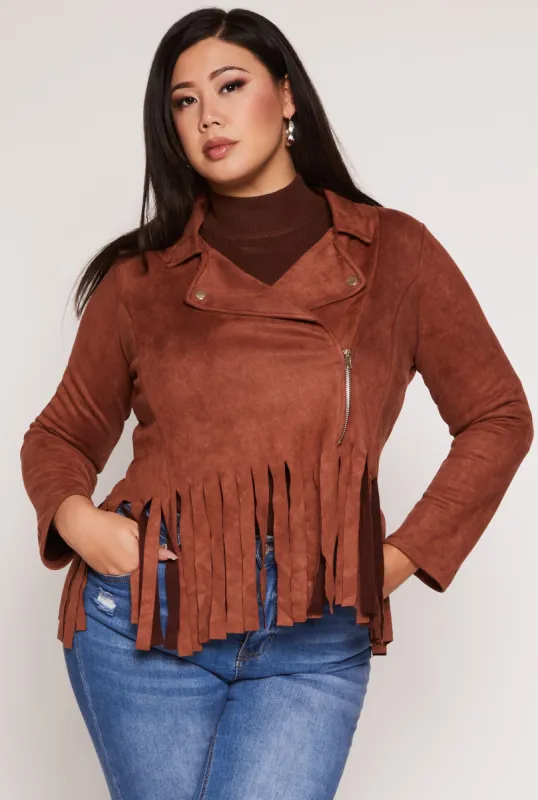 Plus Size Faux Suede Fringe Hem Moto Jacket sold by Rainbow