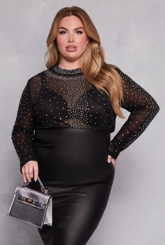 Plus Size Rhinestone Mock Neck Top sold by Rainbow