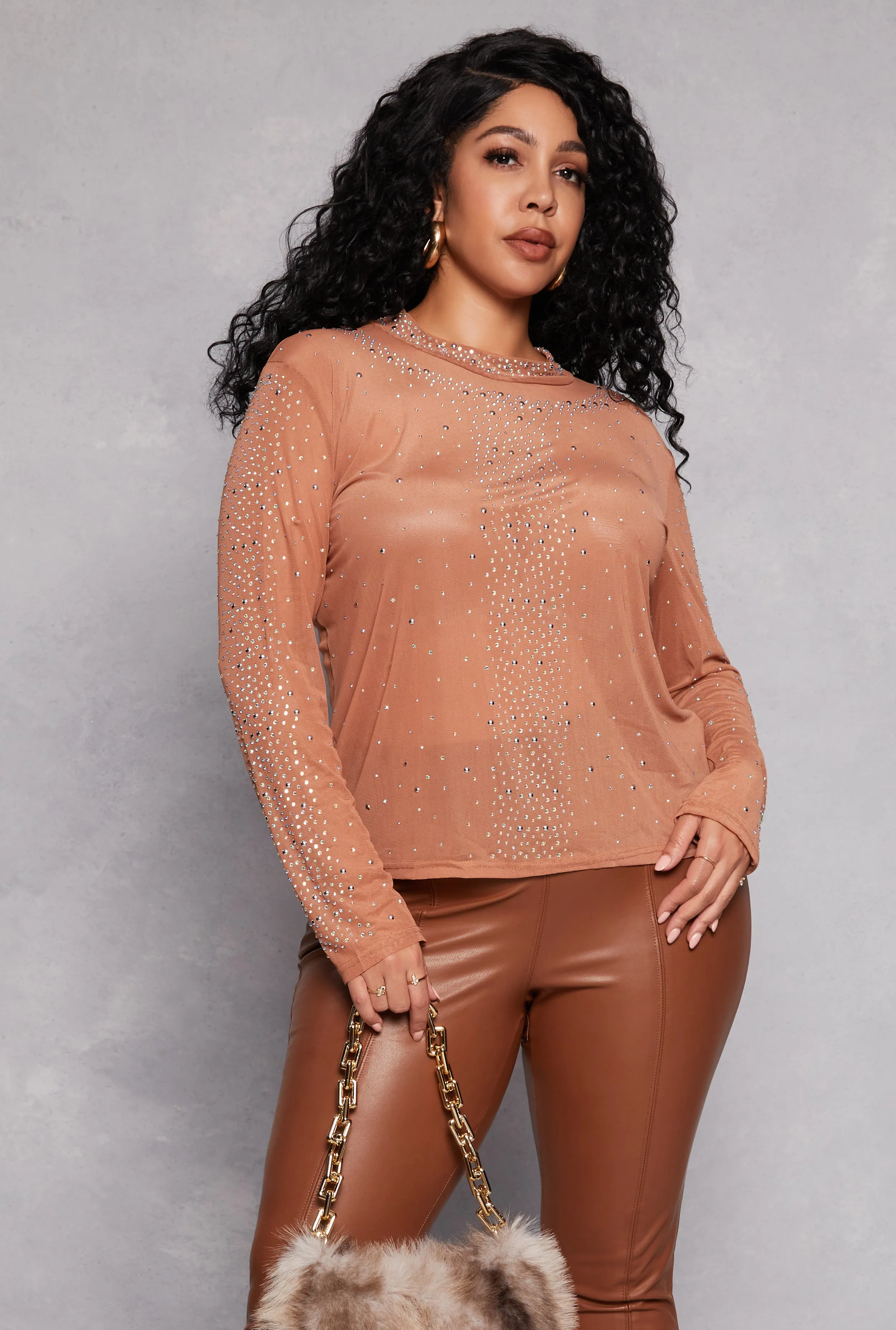 Plus Size Rhinestone Mock Neck Top sold by Rainbow