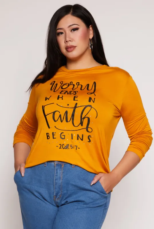 Plus Size Worry Ends When Faith Begins Tee sold by Rainbow