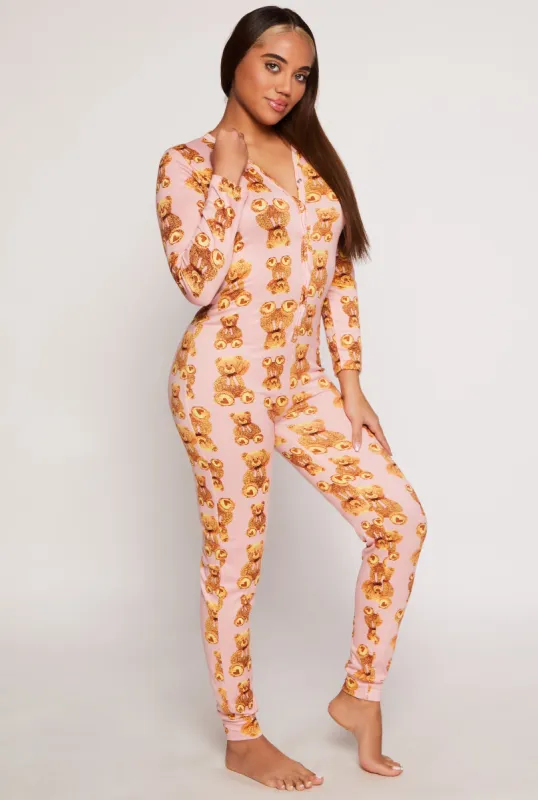 Teddy Bear Print Button Front Pajama Onesie sold by Rainbow