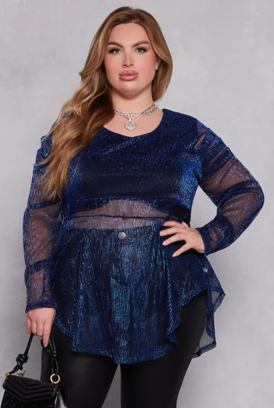 Plus Size Lurex Plisse Peplum Blouse sold by Rainbow