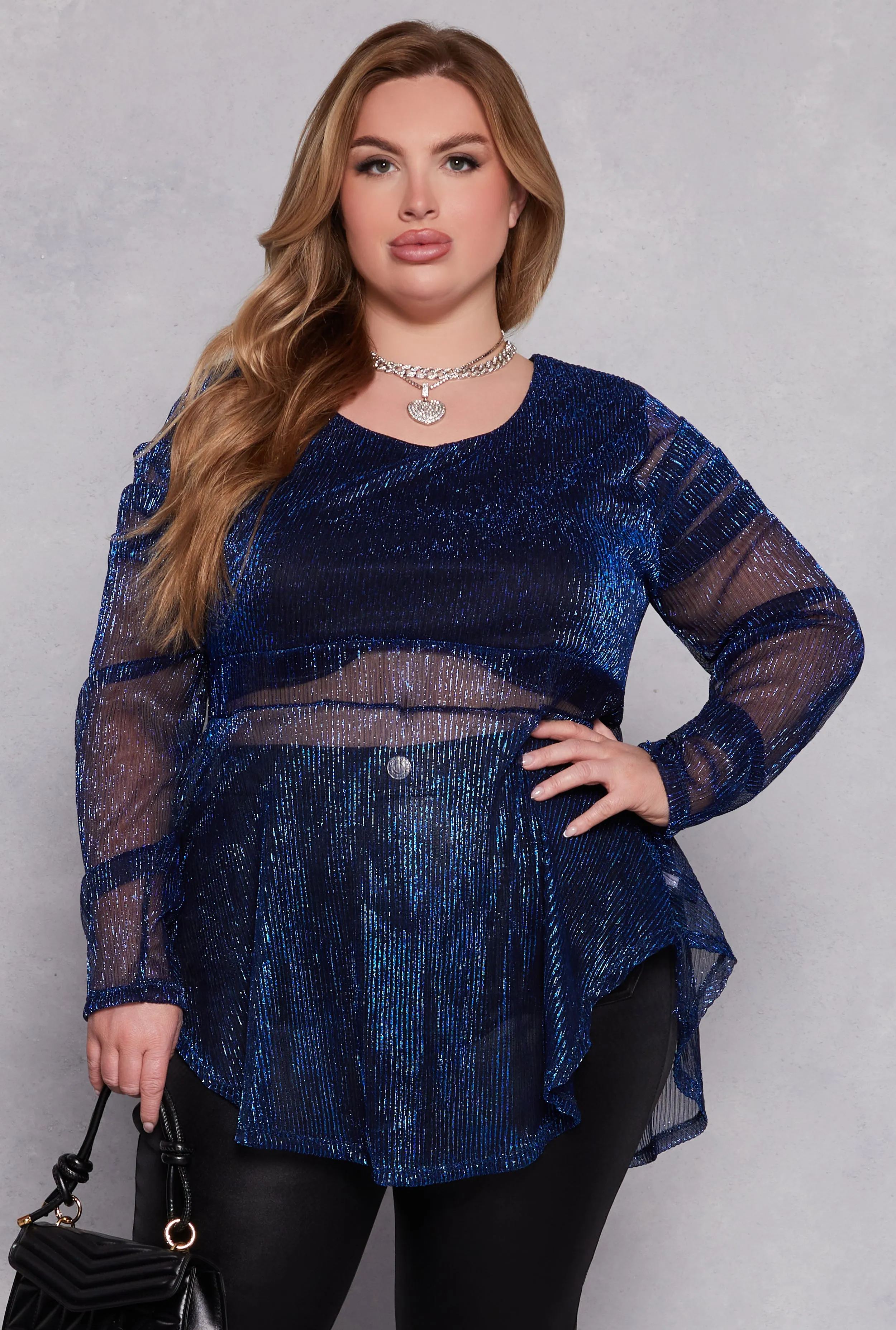 Plus Size Lurex Plisse Peplum Blouse sold by Rainbow