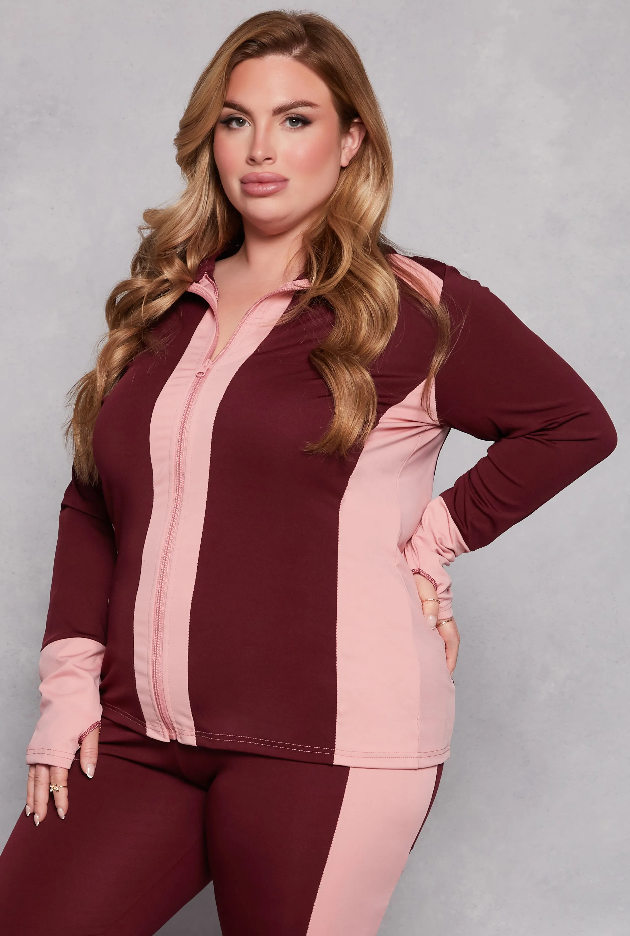 Plus Size Color Blocked Mock Neck Track Jacket sold by Rainbow