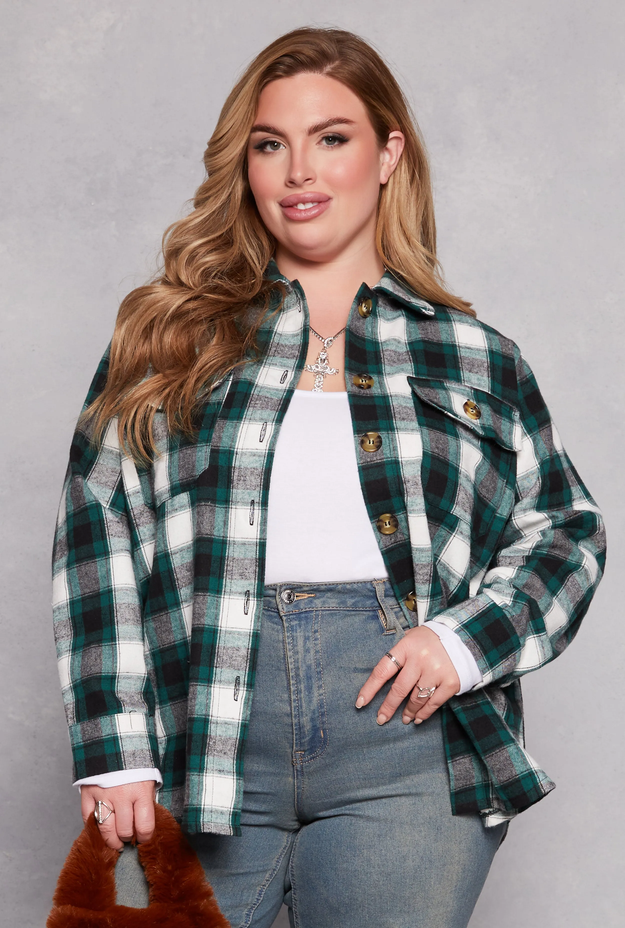 Plus Size Plaid Flannel Button Front Shacket sold by Rainbow