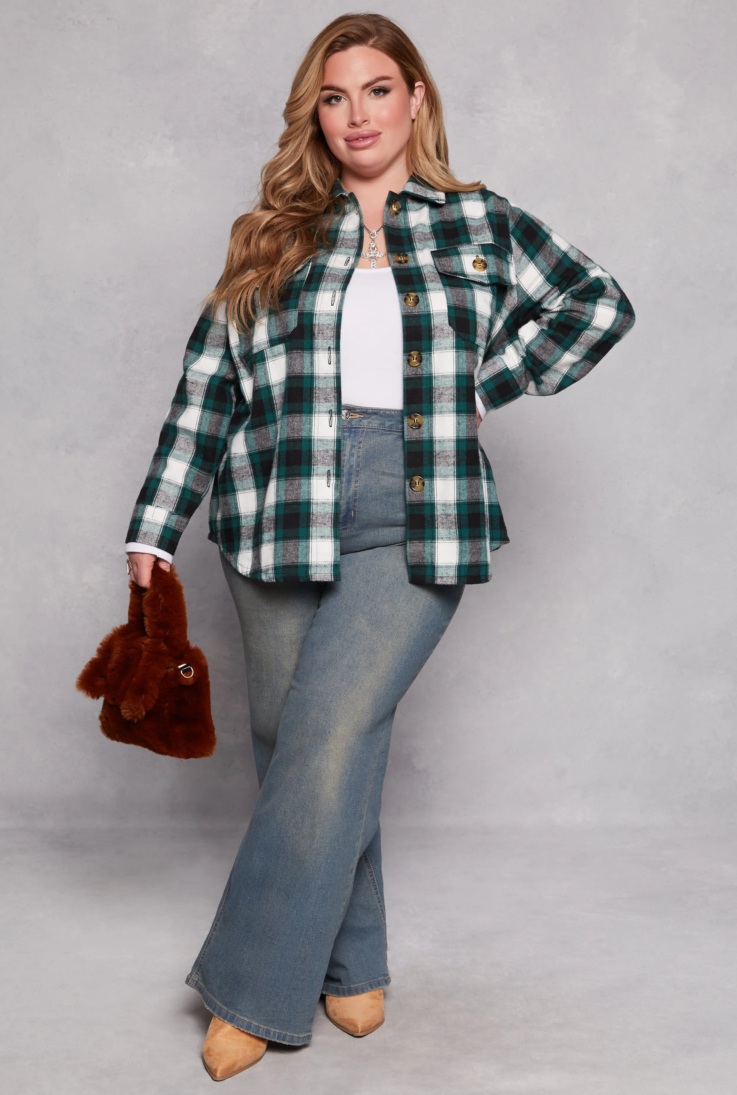Plus Size Plaid Flannel Button Front Shacket sold by Rainbow product image thumbnail 2
