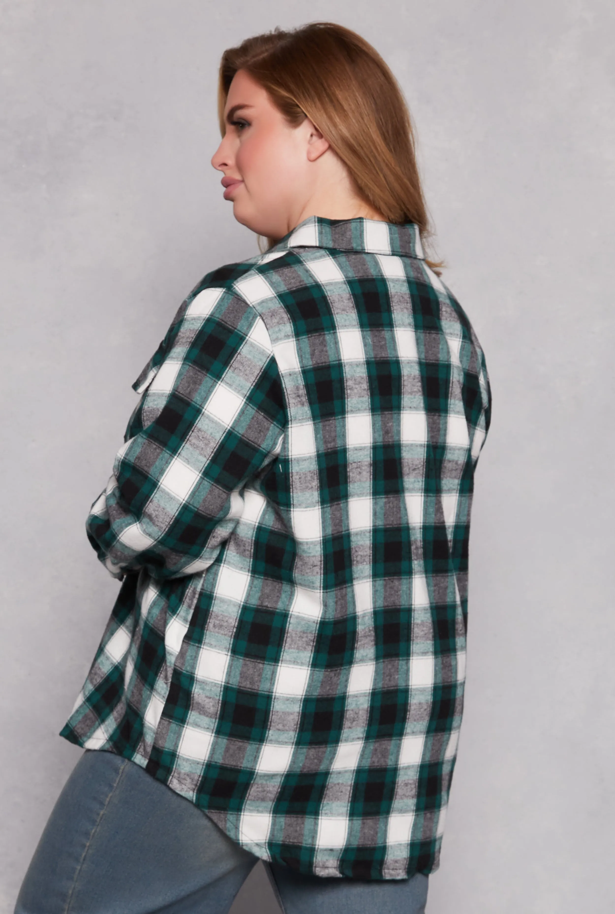 Plus Size Plaid Flannel Button Front Shacket sold by Rainbow product image thumbnail 3