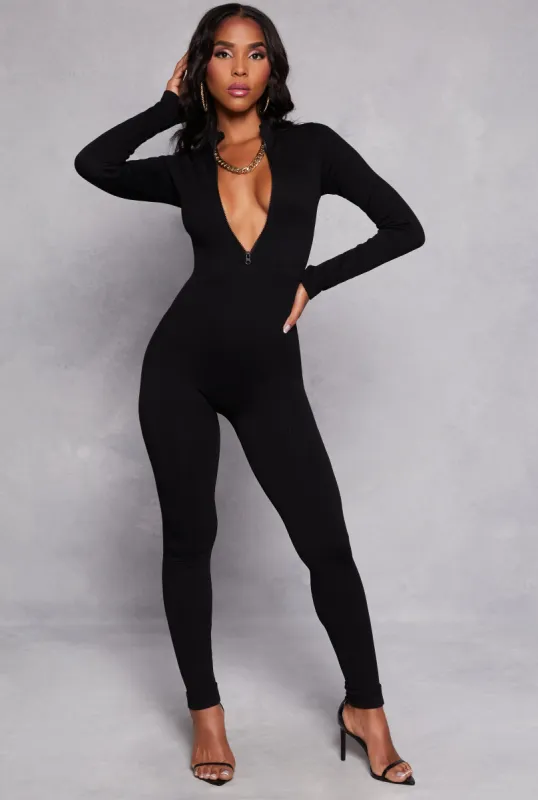 Ribbed Knit Half Zip Long Sleeve Catsuit sold by Rainbow