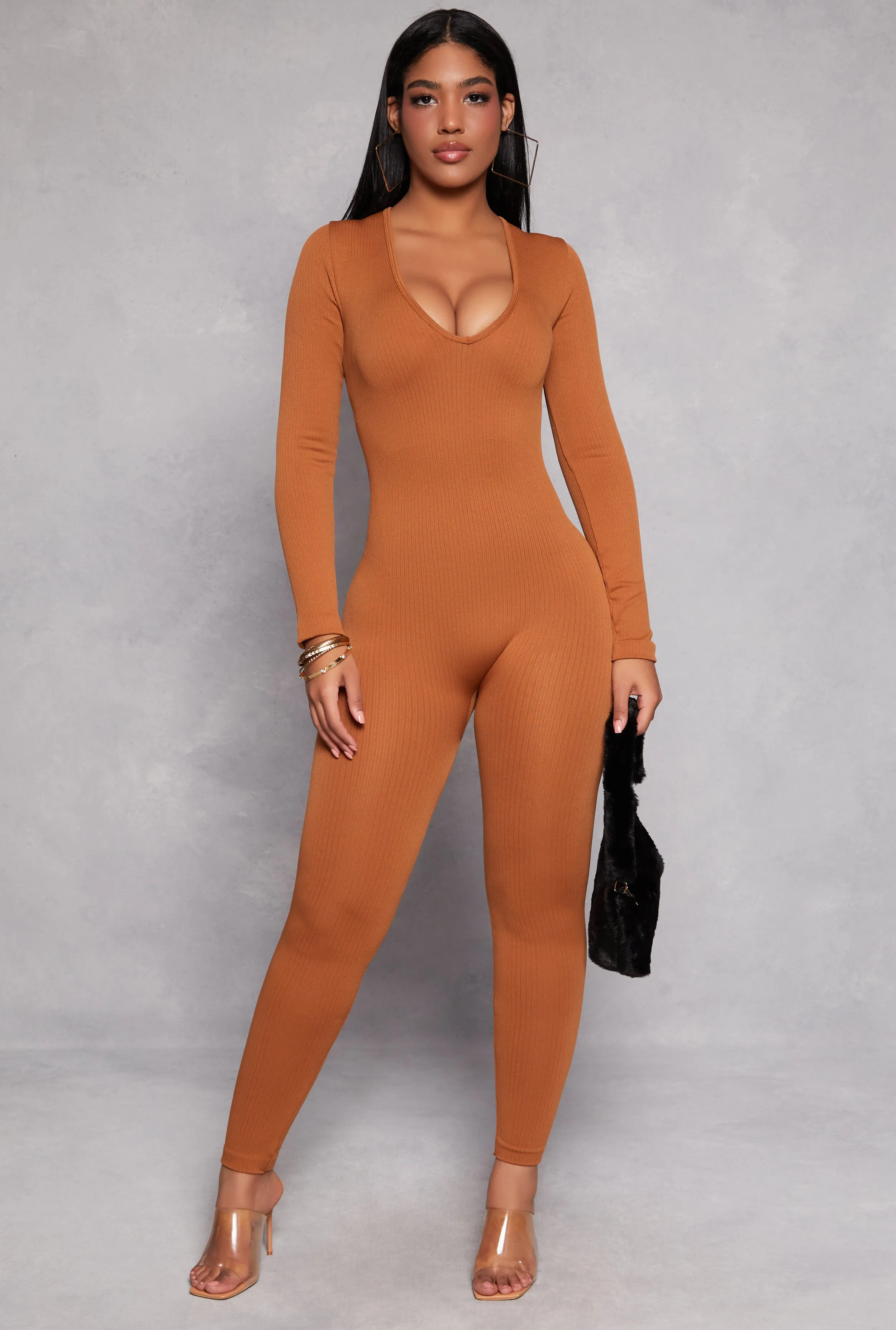Seamless Rib Knit Plunge Long Sleeve Catsuit sold by Rainbow product image thumbnail 2