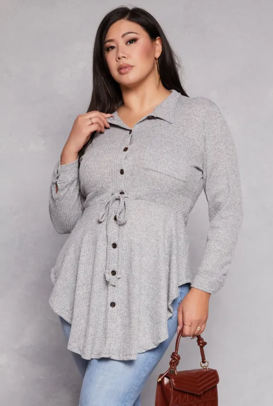 Plus Size Button Front Peplum Top sold by Rainbow