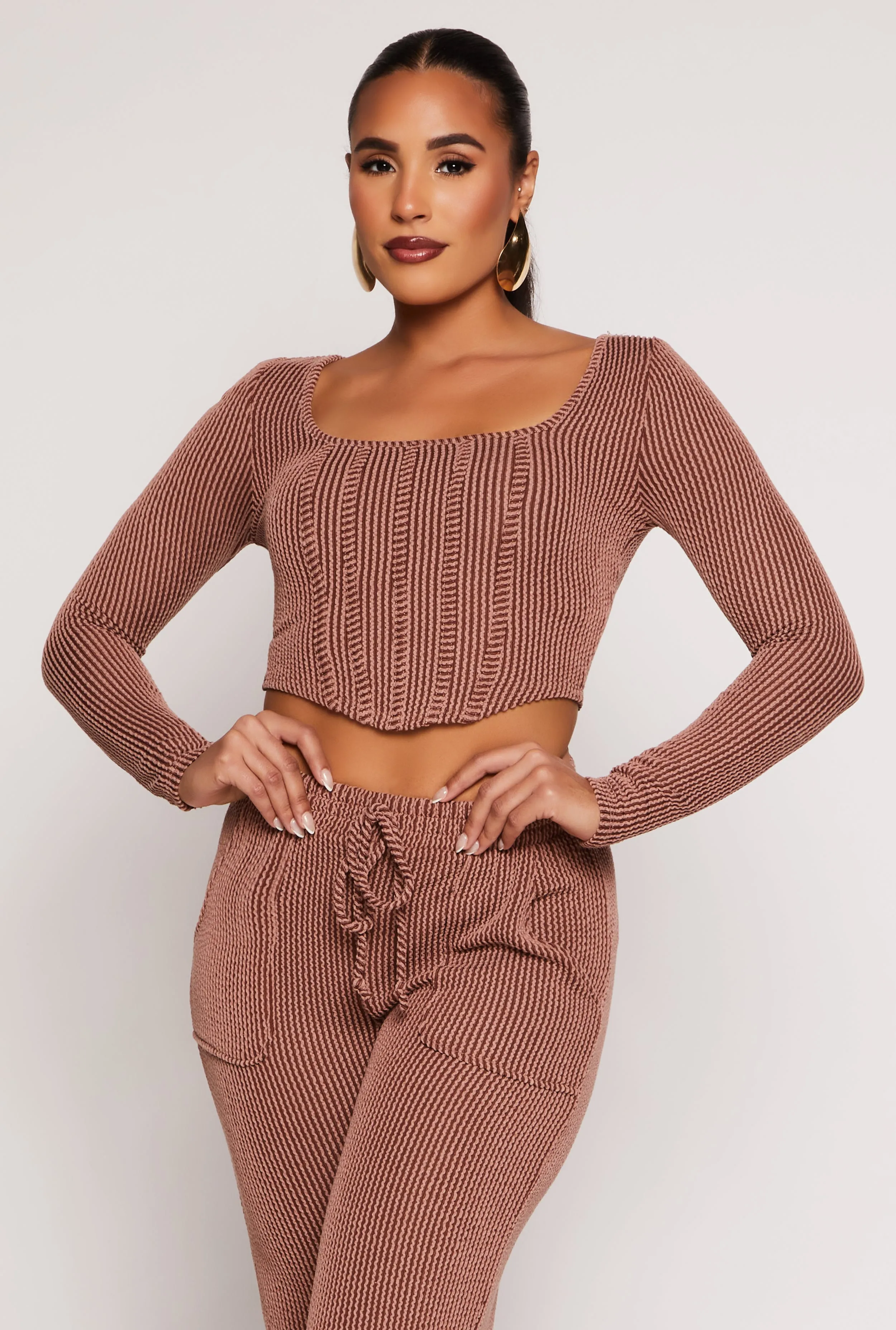 Shadow Striped Long Sleeve Corset Crop Top sold by Rainbow