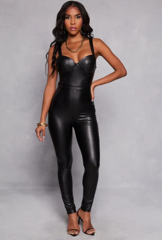 Haute Monde Faux Leather Bustier Catsuit sold by Rainbow