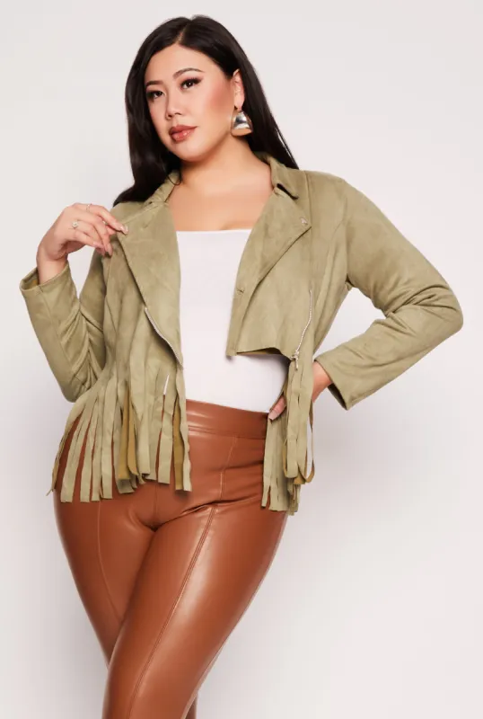 Plus Size Faux Suede Fringe Hem Moto Jacket sold by Rainbow