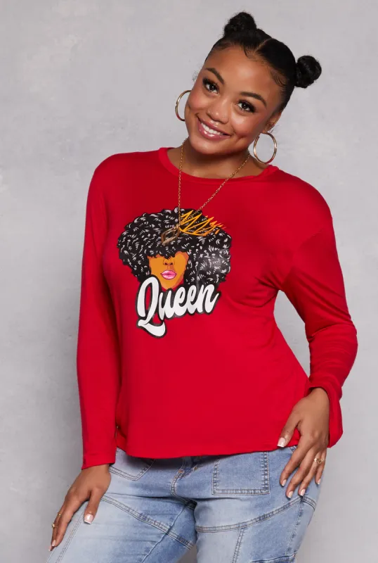 Plus Size Queen Graphic Long Sleeve Top with Necklace sold by Rainbow