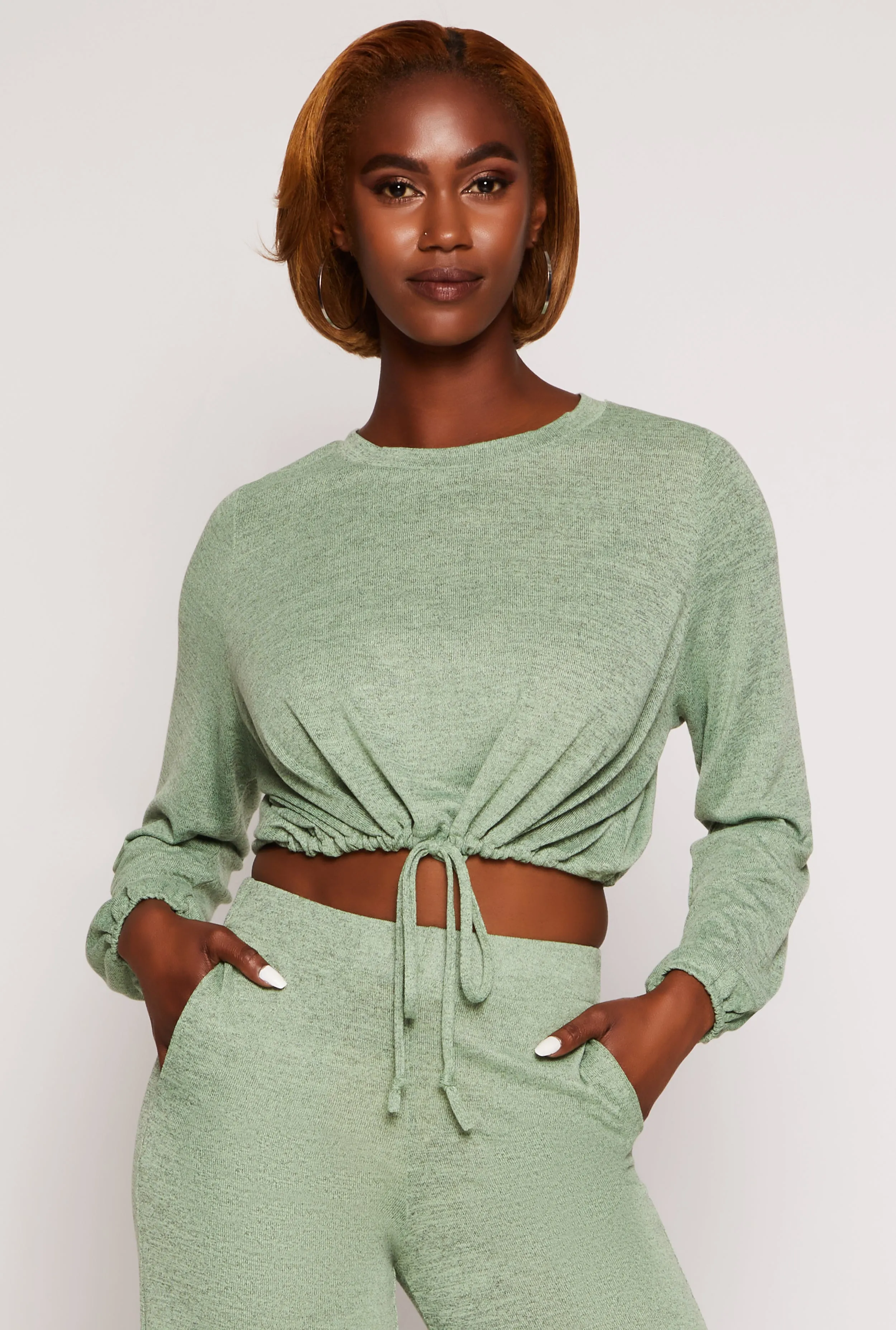 Daisy Drawstring Hem Long Sleeve Crop Top sold by Rainbow